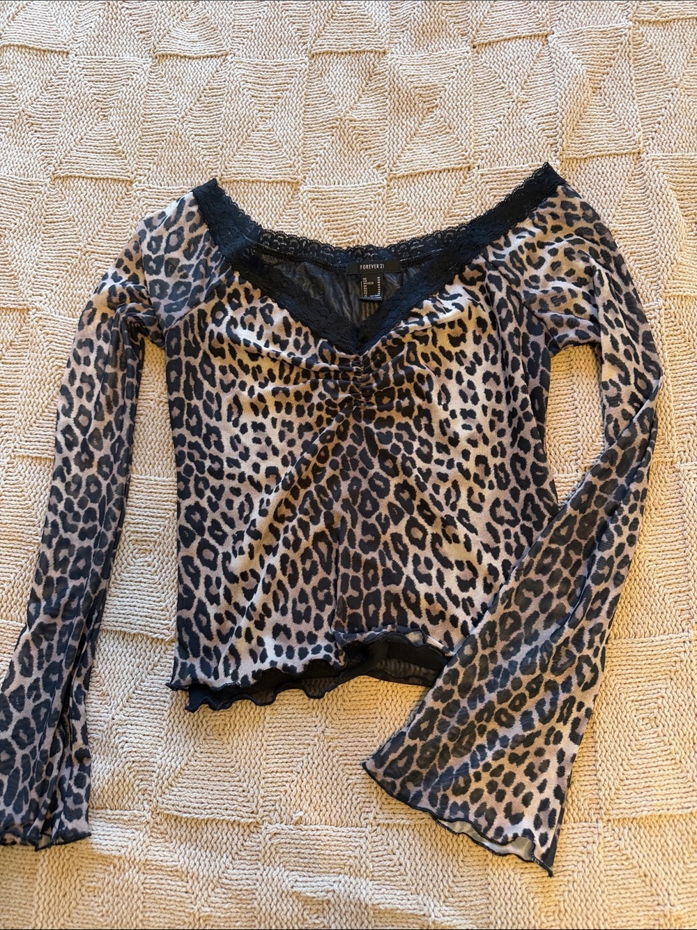 Forever 21 Leopard Print Long Sleeve V-Neck Top - Black & Brown